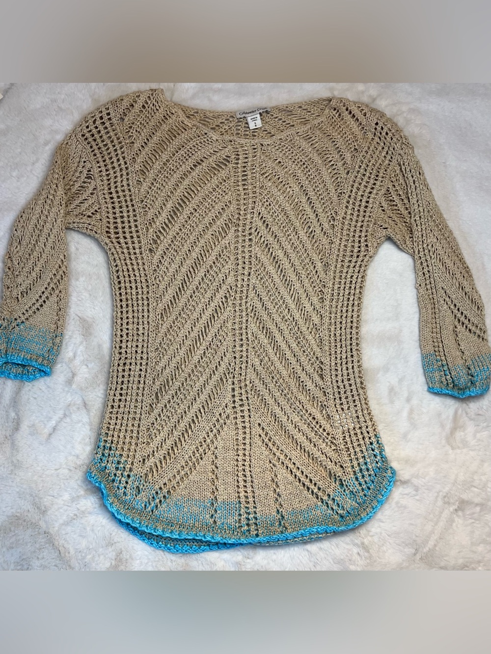 Coldwater Creek Boho Beige Open Knit Crochet Sweater Blue Trim